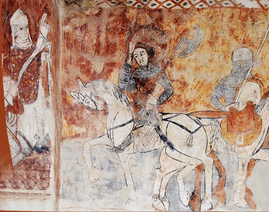 Szent László küldetést és áldást kap a váradi püspöktől, Bögöz, freskó